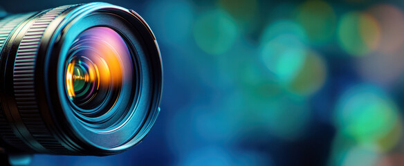 close-up of a camera lens, illuminated by blue light on a dark background. Photographer and filmmaking background concept with copy space