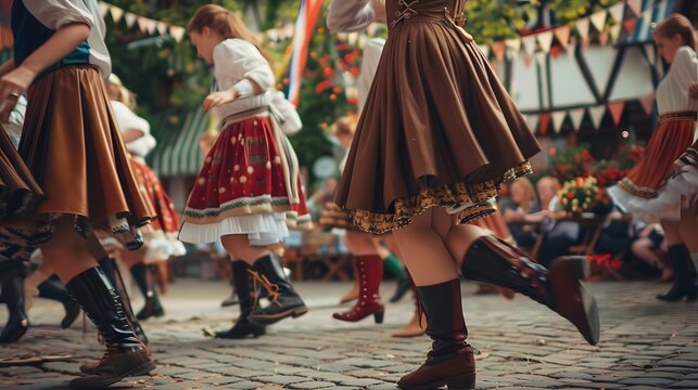Group of locals dressed in traditional Bavarian fluffy skirt, blouse, corset with lacing and apron, enjoying a lively polka dance at Oktoberfest. Banner.