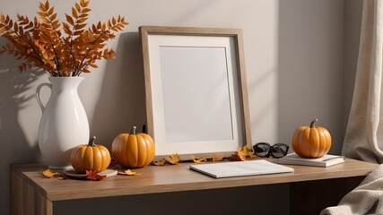 Bedroom Interior with Blank Photo Frame and Autumn Decor
