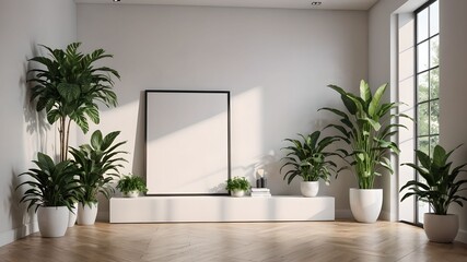 Minimal Room Interior with Plants and Blank Photo Frame