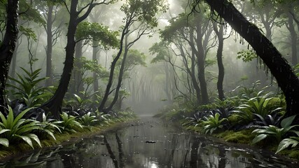 Magical Tropical Forest with Black Leaves and Green Canopy