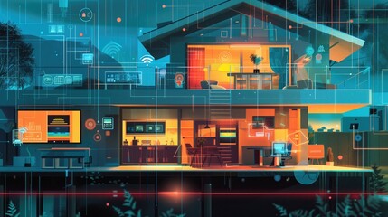 Fototapeta premium Smart home concept. High-Tech Smart Home at Night