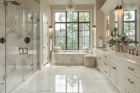A large bathroom with a white tub and a shower stall