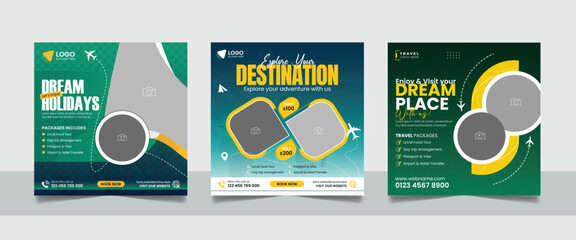 Travel tour promotion banner traveling business marketing social media post square flyer template	