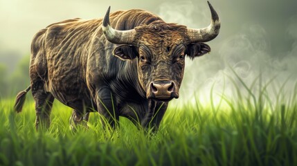 Naklejka premium Bull in a Field with Smoke in the Background