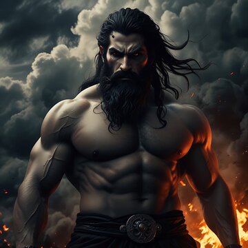Greek god hades of the underworld older male fire eyes black hair black long beard muscular black clouds and smoke