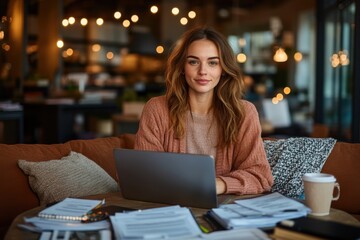 Fototapeta premium A woman sits in a cozy cafe working on her laptop surrounded by documents, creating a productive and comfortable work atmosphere with warm lighting.