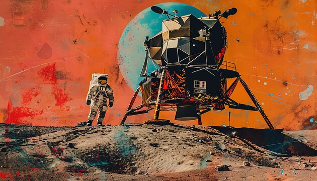 Explore a vibrant Pop Art interpretation of the Apollo 11 moon landing with bold colors and comic book style for a dynamic space exploration image