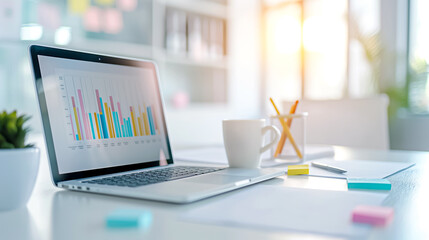Contemporary modern workspace showcasing a laptop alongside insightful data visualization graphs to enhance productivity and analytics