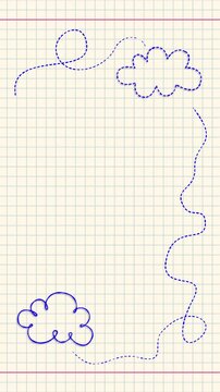 vertical clouds on notebook sheet 4k animation,blue hand drawn clouds and lines on paper, schoo and baby shower social media design element	
