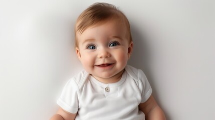 Naklejka premium Adorable Baby Smiling in White Onesie on Plain Background - Capturing Pure Joy and Innocence
