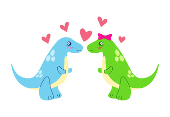 Cute couple dinosaurs with hearts. Love concept illustration isolated