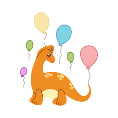Colorful dinosaur and balloons. Illustration isolated