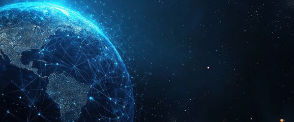 Concept of global internet business with focus on cryptocurrency and blockchain, displayed on a futuristic wide banner