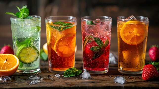 Various sugarfree drink options including herbal teas and sparkling waters. Concept Herbal Teas, Sparkling Waters, Sugar-Free Drinks