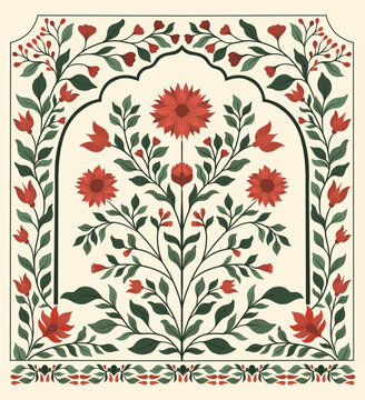 Mughal decorative ornamental floral. Vintage intricate traditional mughal style with flowers and foliage.