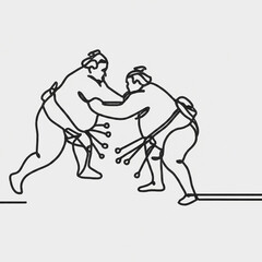 Fototapeta premium Japanese wrestler, sumo one line art. Continuous line drawing japan, fight, obesity, big man, person, pre-fight greeting, athlete, training, form, sport.