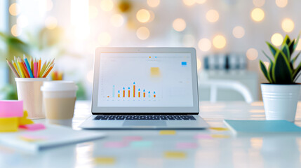 Contemporary modern workspace showcasing a laptop alongside insightful data visualization graphs to enhance productivity and analytics