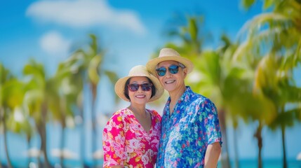 Fototapeta premium an older couple posing for a photo on the beach