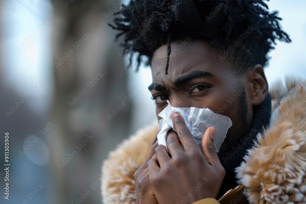 Wall mural Young man blowing his nose on a tissue outside in winter