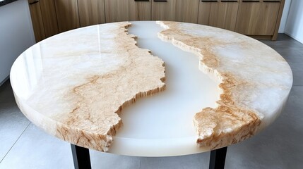 A unique round coffee table showcases a lake scene crafted in epoxy resin, surrounded by a natural wooden edge and pine tree details, enhancing any living space