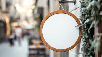 Blank Round Wooden Sign on Vintage Street for Custom Text or Logo Design