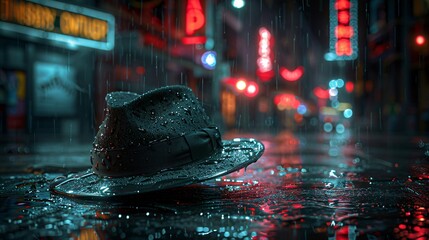 Forgotten Fedora in the City Rain