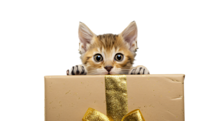 A naughty kitten poked its head out of the gift box 