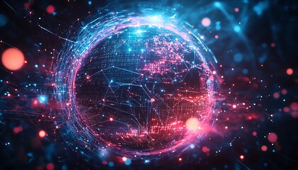 Obraz premium Futuristic Data Synergy with Nodes and Pathways Over a Global Map
