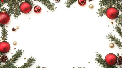 White background with a border of pine branches, red Christmas balls, and gold accents, ideal for festive greetings