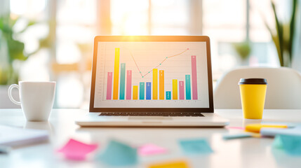 Contemporary modern workspace showcasing a laptop alongside insightful data visualization graphs to enhance productivity and analytics