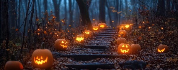 Obraz premium A spooky forest path lined with glowing pumpkins, perfect for Halloween ambiance and autumn-themed projects.