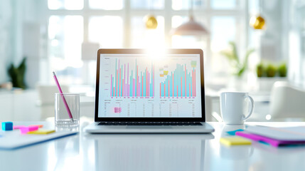 Contemporary modern workspace showcasing a laptop alongside insightful data visualization graphs to enhance productivity and analytics