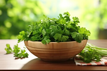 Fototapeta premium Wooden table decorated with a bowl of parsley, lush green parsley leaves