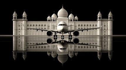 Obraz premium An airplane is parked near a historical monument, beautifully illuminated at night, with its reflection shimmering on the water