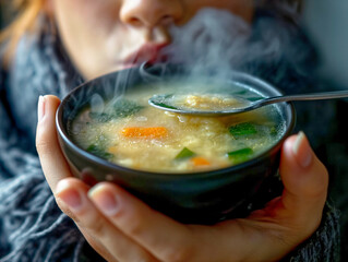 A woman is holding a bowl of soup and blowing on it. The soup is hot and steamy, and the woman is trying to cool it down. Concept of warmth and comfort