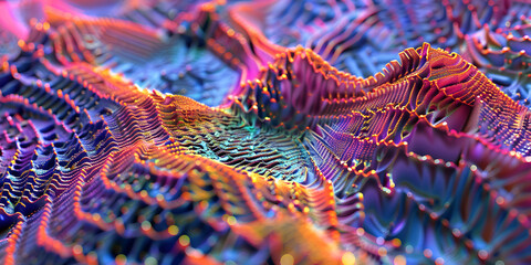 Amazing close-up Vibrant underwater, neon threads a Blurry Mountain 3D fabric Abstract Digital Artwork