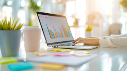 Contemporary modern workspace showcasing a laptop alongside insightful data visualization graphs to enhance productivity and analytics