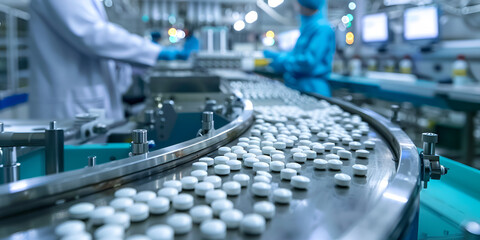 Industrial pharmaceutical production line with Workers on conveyor belt quality control and white pills packaging machines