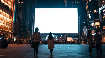 Crowd Under a Massive Blank Screen in an Urban Night Setting with Skyscrapers