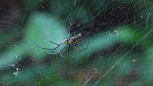 Nephila pilipes golden orb web spider walking on the spider web.