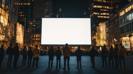 Crowd Watching Outdoor Movie at Night in Urban Cityscape with Bright Screen