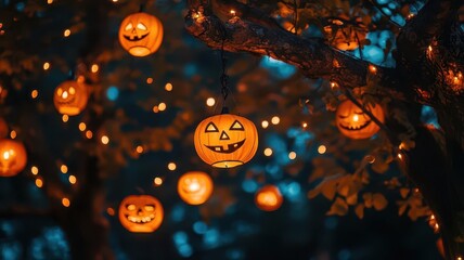 A spooky night scene featuring glowing jack-o'-lanterns hanging in a tree, adorned with twinkling lights. Perfect for Halloween.