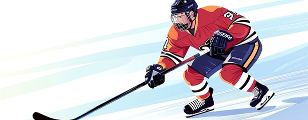 Obraz premium Dynamic illustration of a hockey player skating with a puck on ice, showcasing athleticism and team spirit.