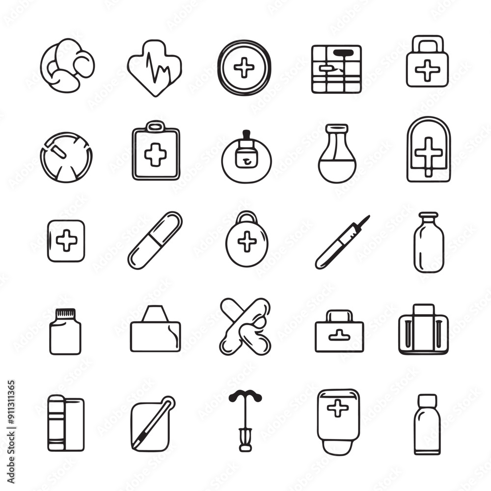 Fototapete set of business web icons ,  hand drawing graphics sign elements outline symbol for architecture and  medical design isolated vector illustration