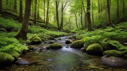 Fototapeta premium Serene forest river cascading over rocks surrounded by lush green trees in a picturesque summer landscape