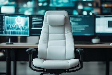 futuristic home office with ergonomic chair, multiple screens, and virtual assistant hologram