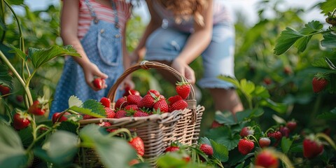 Fototapeta premium mother and daughter picking strawberries, basket,