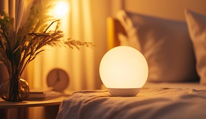 A round smart light on the bedside table, soft lighting, warm colors, close-up shot, plant decoration in front of it, white and yellow color scheme