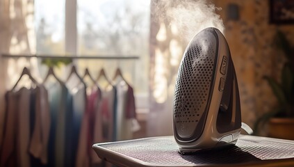 Close up of an steam iron on the iron board in a living room, with row of hanger cloth in the background.